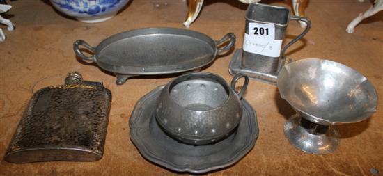 Early 20thC Scandinavian pewter pelican? pedestal bowl & other pewter(-)